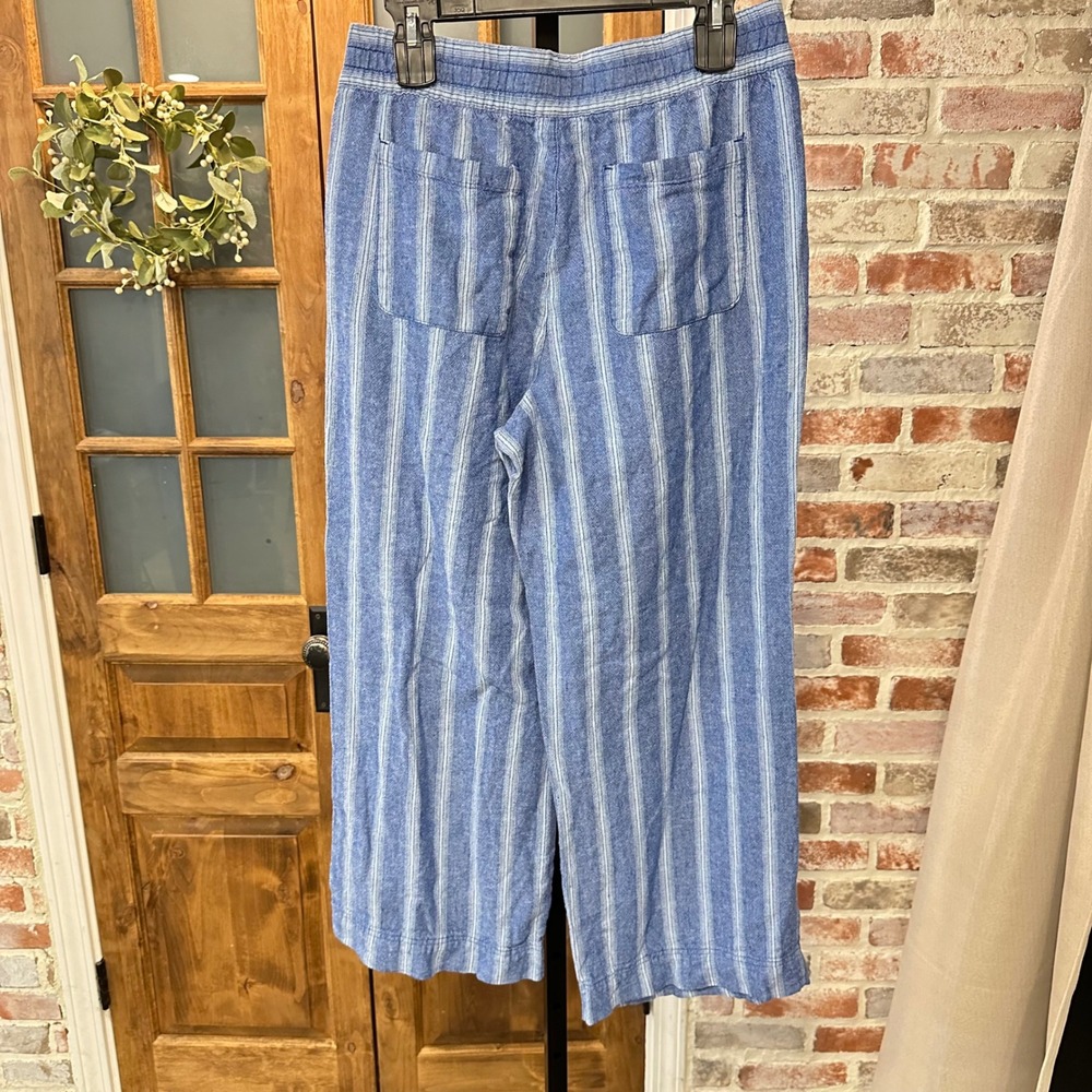 Old Navy Pants Women M Blue Striped Linen Blend High Rise Wide Leg Comfort Waist - Picture 2 of 8